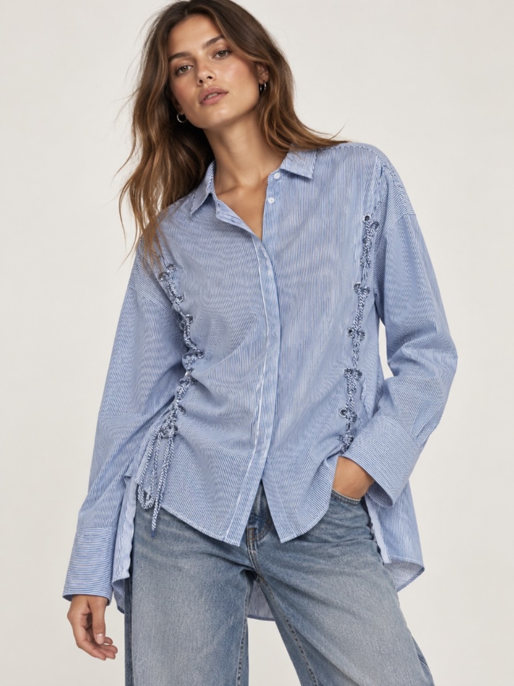 Topshop Eyelet Lace Up Shirt Striped Long Sleeve Top Women Size 10